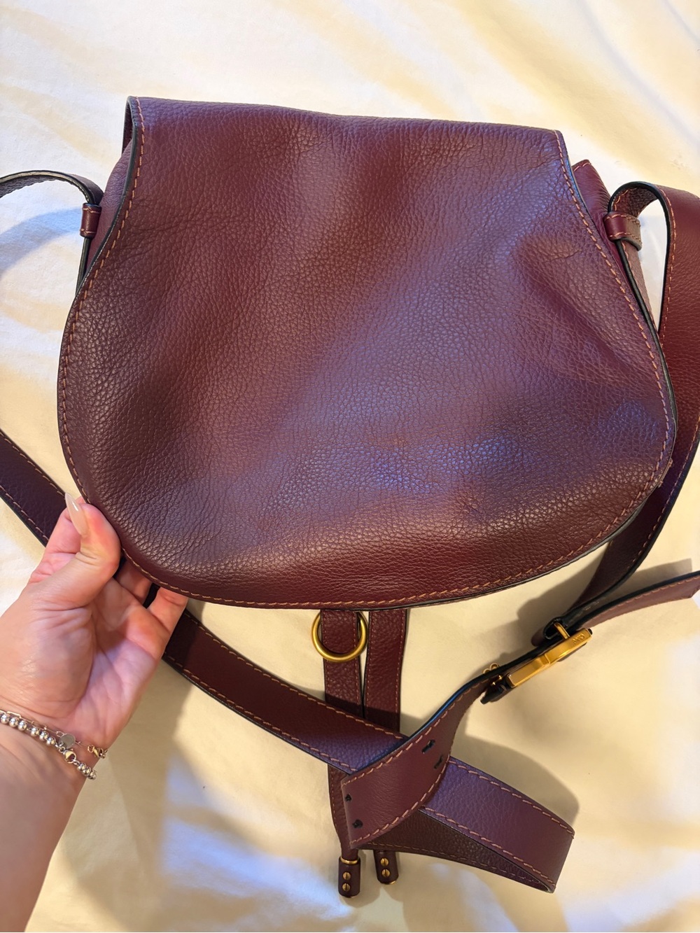 Chloe Marcie Medium Burgundy Grained Leather Saddle Bag Crossbody - Picture 10 of 12